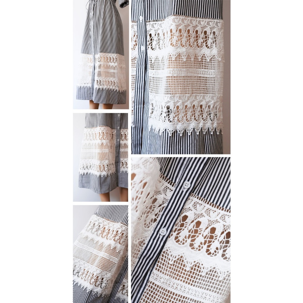 Stripe Cotton Drawstring Crochet Midi Shirt Dress - Picture 4 of 8